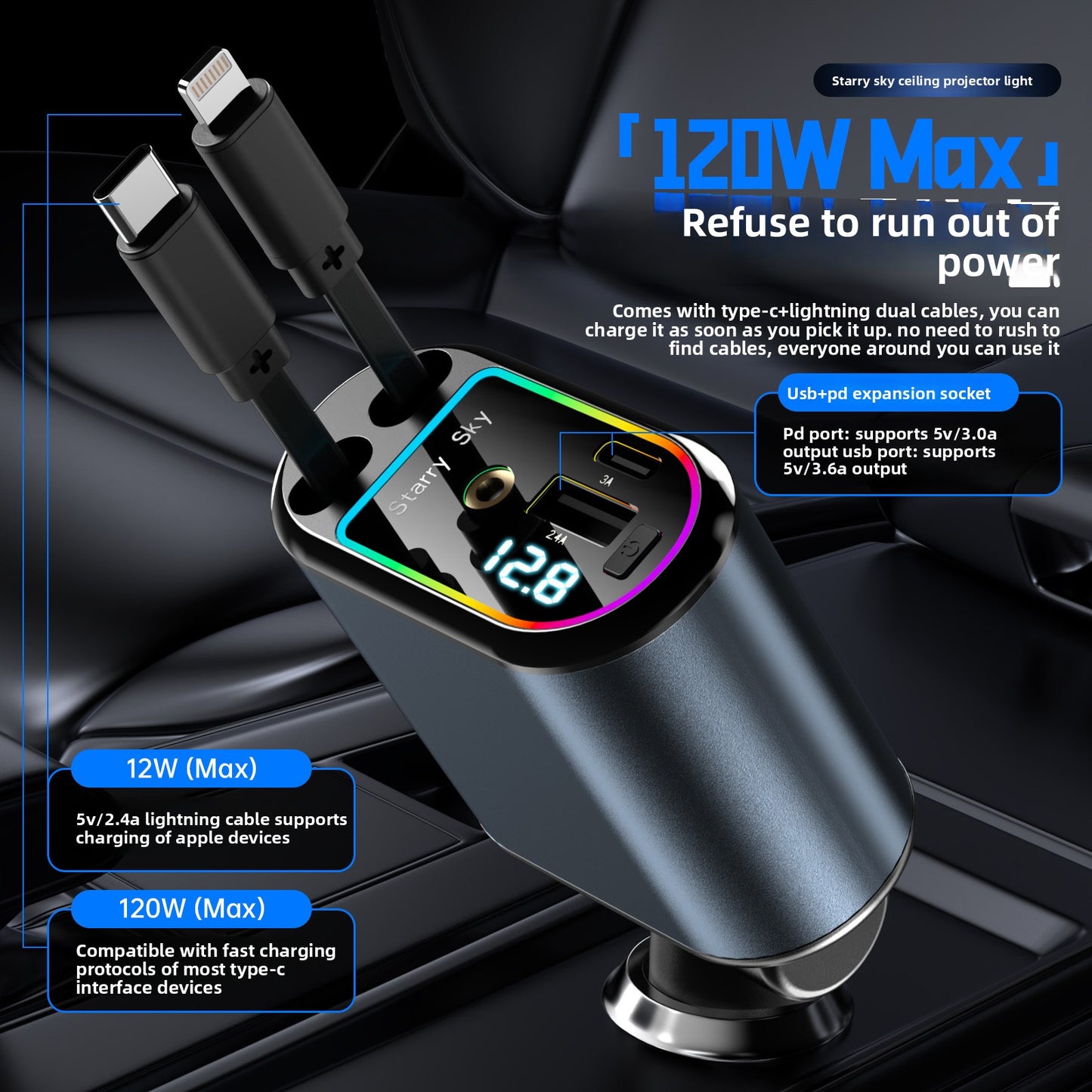 120W Retractable Cable Car Charger with Digital Display and Starlight