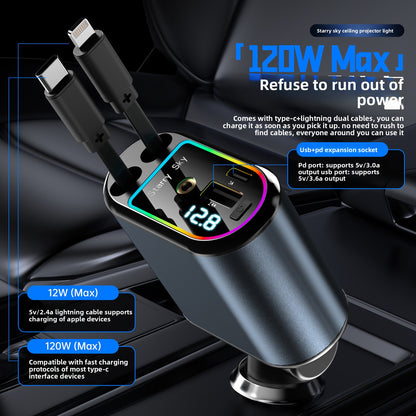 120W Retractable Cable Car Charger with Digital Display and Starlight